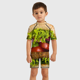 Детский купальный костюм 3D с принтом Бургер в Белгороде, Полиэстер 85%, Спандекс 15% | застежка на молнии на спине | биг мак | бигмак | бургер | мясо | салат | чизбургер