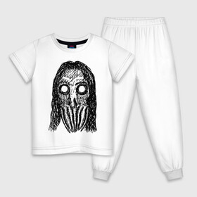 Детская пижама хлопок с принтом Череп с волосами и щупальцами в Белгороде, 100% хлопок |  брюки и футболка прямого кроя, без карманов, на брюках мягкая резинка на поясе и по низу штанин
 | Тематика изображения на принте: dead | halloween | horror | lovecraft | skull | suspense | witch | zombie
