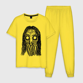 Мужская пижама хлопок с принтом Череп с волосами и щупальцами в Белгороде, 100% хлопок | брюки и футболка прямого кроя, без карманов, на брюках мягкая резинка на поясе и по низу штанин
 | Тематика изображения на принте: dead | halloween | horror | lovecraft | skull | suspense | witch | zombie
