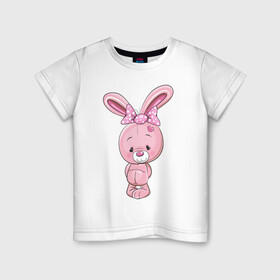 Детская футболка хлопок с принтом Плюшевый зайка в Белгороде, 100% хлопок | круглый вырез горловины, полуприлегающий силуэт, длина до линии бедер | Тематика изображения на принте: бант | бантик | животное | зайка | зайчик | заяц | зверь | кролик | сердечко | сердце | уши