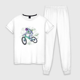 Женская пижама хлопок с принтом Астробайкер в Белгороде, 100% хлопок | брюки и футболка прямого кроя, без карманов, на брюках мягкая резинка на поясе и по низу штанин | Тематика изображения на принте: астронавт | велобайк | галактика | звёзды | иллюстрация