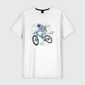 Мужская футболка хлопок Slim с принтом Астробайкер в Белгороде, 92% хлопок, 8% лайкра | приталенный силуэт, круглый вырез ворота, длина до линии бедра, короткий рукав | астронавт | велобайк | галактика | звёзды | иллюстрация