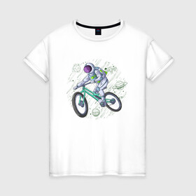Женская футболка хлопок с принтом Астробайкер в Белгороде, 100% хлопок | прямой крой, круглый вырез горловины, длина до линии бедер, слегка спущенное плечо | астронавт | велобайк | галактика | звёзды | иллюстрация