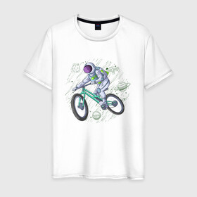 Мужская футболка хлопок с принтом Астробайкер в Белгороде, 100% хлопок | прямой крой, круглый вырез горловины, длина до линии бедер, слегка спущенное плечо. | астронавт | велобайк | галактика | звёзды | иллюстрация