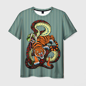 Мужская футболка 3D с принтом Тигры Змея Полосы в Белгороде, 100% полиэфир | прямой крой, круглый вырез горловины, длина до линии бедер | beast | fight | snake | tiger | борьба | животные | звери | змеи | зубы | когти | кошки | полосатый | полосы | тигры | узор