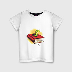 Детская футболка хлопок с принтом Книжный червь в Белгороде, 100% хлопок | круглый вырез горловины, полуприлегающий силуэт, длина до линии бедер | Тематика изображения на принте: бумага | книга | книжный червь | обложка | червь | червяк
