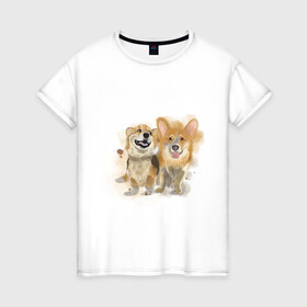 Женская футболка хлопок с принтом Корги в Белгороде, 100% хлопок | прямой крой, круглый вырез горловины, длина до линии бедер, слегка спущенное плечо | animals | корги | питомцы | пушистики | собака