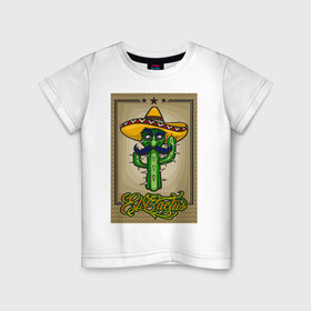 Детская футболка хлопок с принтом El Cactus - Кактус Мексиканец в Белгороде, 100% хлопок | круглый вырез горловины, полуприлегающий силуэт, длина до линии бедер | cactus | green | humour | mexico | mustache | sand | vegan | vegetable | vegetarian | арт | жара | кактус | комикс | лето | мексика | персонаж | пустыня | сомбреро | усы