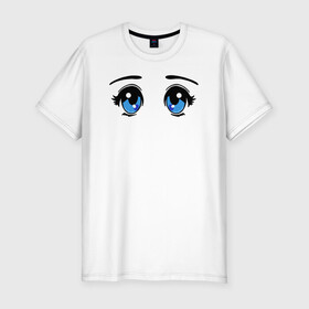 Мужская футболка хлопок Slim с принтом Глазки аниме в Белгороде, 92% хлопок, 8% лайкра | приталенный силуэт, круглый вырез ворота, длина до линии бедра, короткий рукав | anime | baby | blue | cartoon | cute | emoji | emotion | eyes | face | kawaii | аниме | большие глаза | брови | взгляд | глаза | глазки | голубые глаза | детям | зрачок | каваи | кавайный | лицо | малыш | милый взгляд | мультяшный | очи