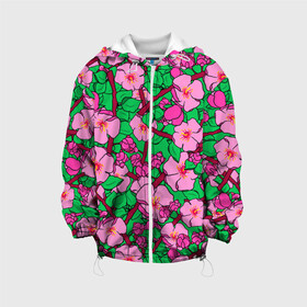 Детская куртка 3D с принтом Цветы Сакуры, Sakura в Белгороде, 100% полиэстер | застежка — молния, подол и капюшон оформлены резинкой с фиксаторами, по бокам — два кармана без застежек, один потайной карман на груди, плотность верхнего слоя — 90 г/м2; плотность флисового подклада — 260 г/м2 | cherry | flowers | japan | pink | sakura | summer | азия | бутоны | вишня | девушкам | деревья | лепестки | лето | листья | нарисованные цветы | природа | розовые цветы | сад | сакура | сакура вишня | сакура цветок