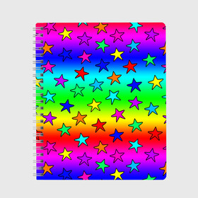 Тетрадь с принтом Радужные звезды в Белгороде, 100% бумага | 48 листов, плотность листов — 60 г/м2, плотность картонной обложки — 250 г/м2. Листы скреплены сбоку удобной пружинной спиралью. Уголки страниц и обложки скругленные. Цвет линий — светло-серый
 | baby | children | girl | gradient | kids | neon | rainbow | space | stars | градиент | девчачие | девчачье | детские | детский рисунок | звездочки | звезды | космос | красочные | малышам | неоновые | ночные | радуга | разноцветные