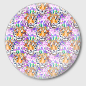 Значок с принтом Тигр в цветах в Белгороде,  металл | круглая форма, металлическая застежка в виде булавки | абстракция | крупная кошка | паттерн | текстуры | тигр | тигры | узоры