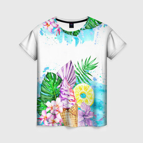 Женская футболка 3D с принтом Тропический рай с мороженым в Белгороде, 100% полиэфир ( синтетическое хлопкоподобное полотно) | прямой крой, круглый вырез горловины, длина до линии бедер | акварель | ананас | жаркие страны | летный отдых | лето | листья | море | мороженое | отдых | растения | сладости | тропики | тропический рай | цветы | экзотика