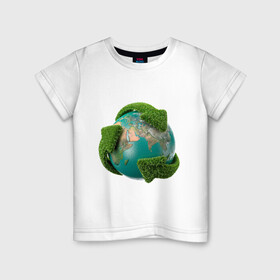 Детская футболка хлопок с принтом Чистая планета в Белгороде, 100% хлопок | круглый вырез горловины, полуприлегающий силуэт, длина до линии бедер | Тематика изображения на принте: зеленая планета | переработка | планета | сортировка | сортировка мусора | стрелочки | чистая планета | экология