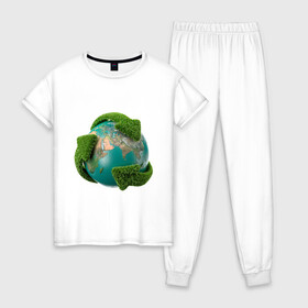 Женская пижама хлопок с принтом Чистая планета в Белгороде, 100% хлопок | брюки и футболка прямого кроя, без карманов, на брюках мягкая резинка на поясе и по низу штанин | Тематика изображения на принте: зеленая планета | переработка | планета | сортировка | сортировка мусора | стрелочки | чистая планета | экология