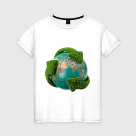 Женская футболка хлопок с принтом Чистая планета в Белгороде, 100% хлопок | прямой крой, круглый вырез горловины, длина до линии бедер, слегка спущенное плечо | зеленая планета | переработка | планета | сортировка | сортировка мусора | стрелочки | чистая планета | экология