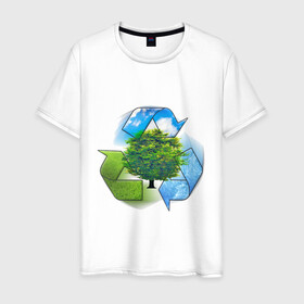 Мужская футболка хлопок с принтом Взаимосвязь  в Белгороде, 100% хлопок | прямой крой, круглый вырез горловины, длина до линии бедер, слегка спущенное плечо. | взаимосвязь | вода | дерево | земля | небо | переработка