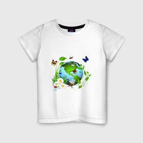 Детская футболка хлопок с принтом Чистая планета в Белгороде, 100% хлопок | круглый вырез горловины, полуприлегающий силуэт, длина до линии бедер | бабочка | бабочки | зеленая планета | зелень | земля | листья | оса | планета | пчела | растения | ромашки | цветы | чистая планета | экология
