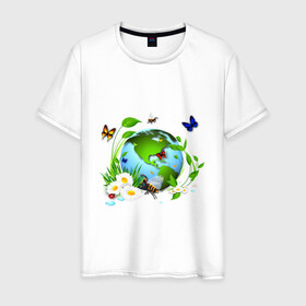 Мужская футболка хлопок с принтом Чистая планета в Белгороде, 100% хлопок | прямой крой, круглый вырез горловины, длина до линии бедер, слегка спущенное плечо. | бабочка | бабочки | зеленая планета | зелень | земля | листья | оса | планета | пчела | растения | ромашки | цветы | чистая планета | экология