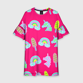 Детское платье 3D с принтом pop it радуга и единорог в Белгороде, 100% полиэстер | прямой силуэт, чуть расширенный к низу. Круглая горловина, на рукавах — воланы | pop it | антистресс | детский | единорог | игрушка | лопать | мороженое | поп ит | пупырка | радуга | радужный | разноцветный | розовый | фуксия | шарики