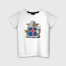 Детская футболка хлопок с принтом Герб Исландии в Белгороде, 100% хлопок | круглый вырез горловины, полуприлегающий силуэт, длина до линии бедер | Тематика изображения на принте: бык | герб | грифон | дракон | исландии | исландия | коровы | красный | линии | орел | пастух | синий | флаг