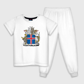 Детская пижама хлопок с принтом Герб Исландии в Белгороде, 100% хлопок |  брюки и футболка прямого кроя, без карманов, на брюках мягкая резинка на поясе и по низу штанин
 | Тематика изображения на принте: бык | герб | грифон | дракон | исландии | исландия | коровы | красный | линии | орел | пастух | синий | флаг