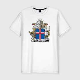 Мужская футболка хлопок Slim с принтом Герб Исландии в Белгороде, 92% хлопок, 8% лайкра | приталенный силуэт, круглый вырез ворота, длина до линии бедра, короткий рукав | бык | герб | грифон | дракон | исландии | исландия | коровы | красный | линии | орел | пастух | синий | флаг