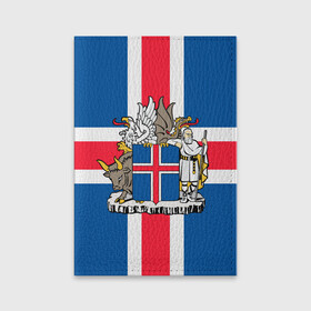 Обложка для паспорта матовая кожа с принтом Флаг и Герб Исландии в Белгороде, натуральная матовая кожа | размер 19,3 х 13,7 см; прозрачные пластиковые крепления | бык | герб | грифон | дракон | исландии | исландия | коровы | красный | линии | орел | пастух | синий | флаг