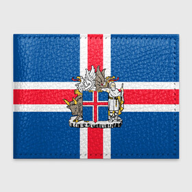 Обложка для студенческого билета с принтом Флаг и Герб Исландии в Белгороде, натуральная кожа | Размер: 11*8 см; Печать на всей внешней стороне | бык | герб | грифон | дракон | исландии | исландия | коровы | красный | линии | орел | пастух | синий | флаг