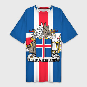 Платье-футболка 3D с принтом Флаг и Герб Исландии в Белгороде,  |  | бык | герб | грифон | дракон | исландии | исландия | коровы | красный | линии | орел | пастух | синий | флаг