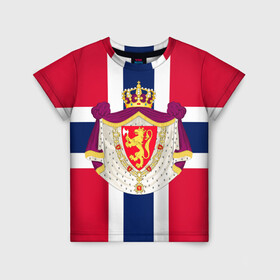 Детская футболка 3D с принтом Норвегия | Флаг и герб Норвегии в Белгороде, 100% гипоаллергенный полиэфир | прямой крой, круглый вырез горловины, длина до линии бедер, чуть спущенное плечо, ткань немного тянется | Тематика изображения на принте: герб | герб норвегии | корона | красный | лев | линии | норвегии | норвегия | синий | топор | флаг | флаг норвегии | щит