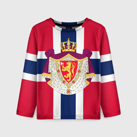 Детский лонгслив 3D с принтом Норвегия | Флаг и герб Норвегии в Белгороде, 100% полиэстер | длинные рукава, круглый вырез горловины, полуприлегающий силуэт
 | герб | герб норвегии | корона | красный | лев | линии | норвегии | норвегия | синий | топор | флаг | флаг норвегии | щит