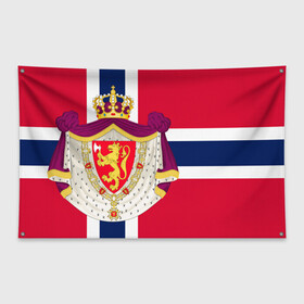 Флаг-баннер с принтом Норвегия | Флаг Норвегии в Белгороде, 100% полиэстер | размер 67 х 109 см, плотность ткани — 95 г/м2; по краям флага есть четыре люверса для крепления | герб | герб норвегии | корона | красный | лев | линии | норвегии | норвегия | синий | топор | флаг | флаг норвегии | щит
