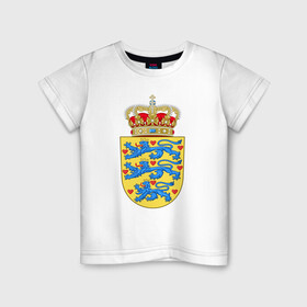 Детская футболка хлопок с принтом Дания | Герб Дании в Белгороде, 100% хлопок | круглый вырез горловины, полуприлегающий силуэт, длина до линии бедер | герб | дании | дания | корона | лев | львы | сердца | сердце | флаг | щит