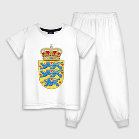 Детская пижама хлопок с принтом Дания | Герб Дании в Белгороде, 100% хлопок |  брюки и футболка прямого кроя, без карманов, на брюках мягкая резинка на поясе и по низу штанин
 | Тематика изображения на принте: герб | дании | дания | корона | лев | львы | сердца | сердце | флаг | щит