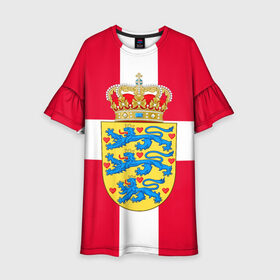 Детское платье 3D с принтом Дания | Герб и флаг Дании в Белгороде, 100% полиэстер | прямой силуэт, чуть расширенный к низу. Круглая горловина, на рукавах — воланы | Тематика изображения на принте: герб | дании | дания | корона | лев | львы | сердца | сердце | флаг | щит