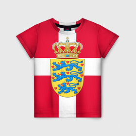 Детская футболка 3D с принтом Дания | Герб и флаг Дании в Белгороде, 100% гипоаллергенный полиэфир | прямой крой, круглый вырез горловины, длина до линии бедер, чуть спущенное плечо, ткань немного тянется | герб | дании | дания | корона | лев | львы | сердца | сердце | флаг | щит