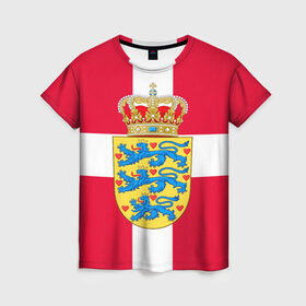 Женская футболка 3D с принтом Дания | Герб и флаг Дании в Белгороде, 100% полиэфир ( синтетическое хлопкоподобное полотно) | прямой крой, круглый вырез горловины, длина до линии бедер | герб | дании | дания | корона | лев | львы | сердца | сердце | флаг | щит
