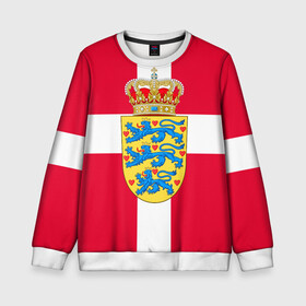 Детский свитшот 3D с принтом Дания | Герб и флаг Дании в Белгороде, 100% полиэстер | свободная посадка, прямой крой, мягкая тканевая резинка на рукавах и понизу свитшота | герб | дании | дания | корона | лев | львы | сердца | сердце | флаг | щит