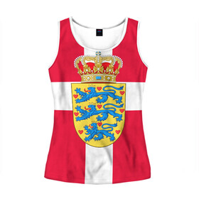 Женская майка 3D с принтом Дания | Герб и флаг Дании в Белгороде, 100% полиэстер | круглая горловина, прямой силуэт, длина до линии бедра | герб | дании | дания | корона | лев | львы | сердца | сердце | флаг | щит