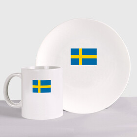 Набор: тарелка + кружка с принтом Швеция | Флаг Швеции в Белгороде, керамика | Кружка: объем — 330 мл, диаметр — 80 мм. Принт наносится на бока кружки, можно сделать два разных изображения. 
Тарелка: диаметр - 210 мм, диаметр для нанесения принта - 120 мм. | герб | желтый | знак | линии | прямоугольник | символика | синий | флаг | швеции | швеция