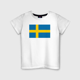 Детская футболка хлопок с принтом Швеция | Флаг Швеции в Белгороде, 100% хлопок | круглый вырез горловины, полуприлегающий силуэт, длина до линии бедер | герб | желтый | знак | линии | прямоугольник | символика | синий | флаг | швеции | швеция