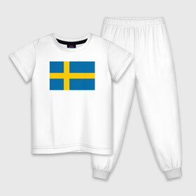 Детская пижама хлопок с принтом Швеция | Флаг Швеции в Белгороде, 100% хлопок |  брюки и футболка прямого кроя, без карманов, на брюках мягкая резинка на поясе и по низу штанин
 | Тематика изображения на принте: герб | желтый | знак | линии | прямоугольник | символика | синий | флаг | швеции | швеция
