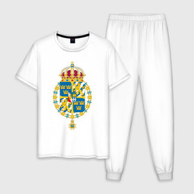 Мужская пижама хлопок с принтом Швеция | Герб Швеции в Белгороде, 100% хлопок | брюки и футболка прямого кроя, без карманов, на брюках мягкая резинка на поясе и по низу штанин
 | герб | желтый | знак | линии | прямоугольник | символика | синий | флаг | швеции | швеция