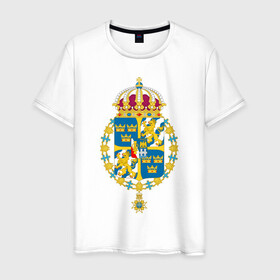 Мужская футболка хлопок с принтом Швеция | Герб Швеции в Белгороде, 100% хлопок | прямой крой, круглый вырез горловины, длина до линии бедер, слегка спущенное плечо. | герб | желтый | знак | линии | прямоугольник | символика | синий | флаг | швеции | швеция