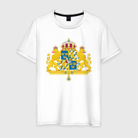 Мужская футболка хлопок с принтом Швеция | Герб Швеции в Белгороде, 100% хлопок | прямой крой, круглый вырез горловины, длина до линии бедер, слегка спущенное плечо. | герб | желтый | знак | линии | прямоугольник | символика | синий | флаг | швеции | швеция