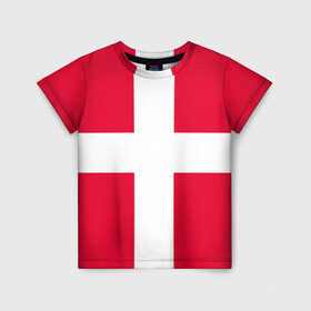 Детская футболка 3D с принтом Дания | Флаг Дании в Белгороде, 100% гипоаллергенный полиэфир | прямой крой, круглый вырез горловины, длина до линии бедер, чуть спущенное плечо, ткань немного тянется | белый | герб | государство | дании | дания | знак | красный | крест | линии | символика | страна | флаг