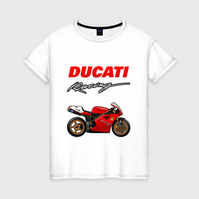 Женская футболка хлопок с принтом DUCATI / ДУКАТИ / MOTOSPORT в Белгороде, 100% хлопок | прямой крой, круглый вырез горловины, длина до линии бедер, слегка спущенное плечо | ducati | motorcycle | motosport | racing | speed | sport | байк. | гонки | двигатель | дукати | мото | мотокросс | мотоспорт | мототриал | мотоцикл | скорость | спорт