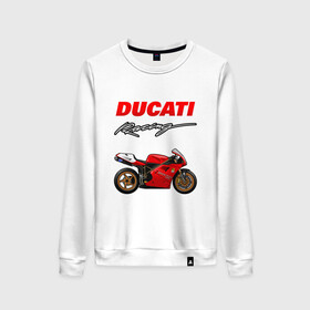 Женский свитшот хлопок с принтом DUCATI / ДУКАТИ / MOTOSPORT в Белгороде, 100% хлопок | прямой крой, круглый вырез, на манжетах и по низу широкая трикотажная резинка  | ducati | motorcycle | motosport | racing | speed | sport | байк. | гонки | двигатель | дукати | мото | мотокросс | мотоспорт | мототриал | мотоцикл | скорость | спорт