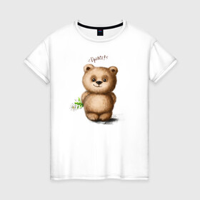 Женская футболка хлопок с принтом Медведь в Белгороде, 100% хлопок | прямой крой, круглый вырез горловины, длина до линии бедер, слегка спущенное плечо | зверь | игрушка цветок | медведик | медведь | медвежонок | милый | мишка | привет | ромашка